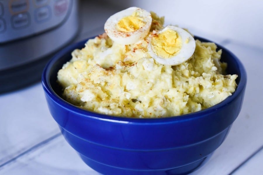 Instant Pot Potato Salad with sliced eggs on top 