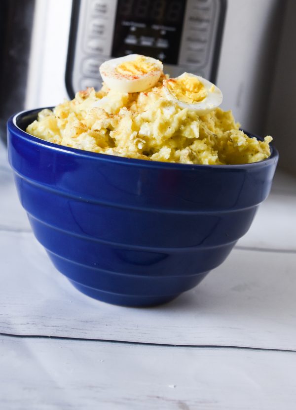instant pot potato salad in blue bowl