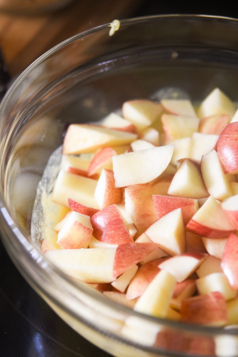 chopped apples in a glass bowl