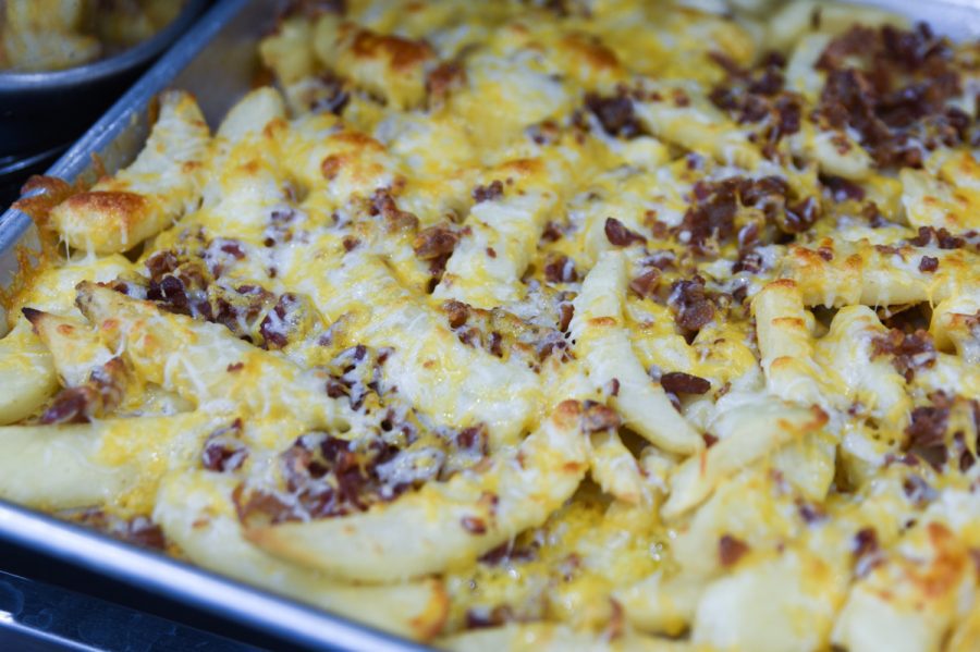 pan of loaded cheese fries 