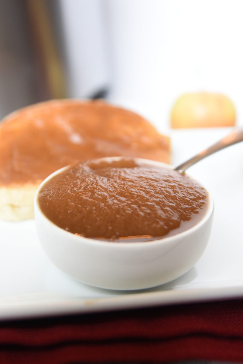 Instant Pot Apple butter in a white dish