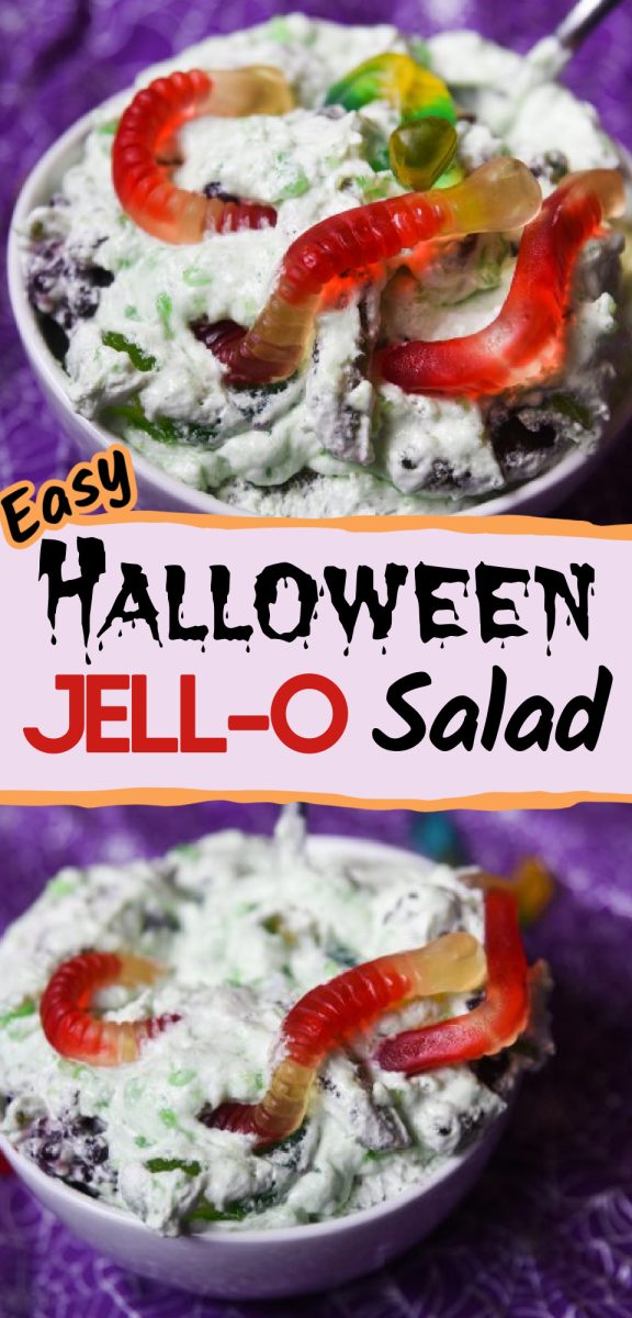 This chilled Halloween Jello salad is an excellent way to bring texture and sweetness to any meal or party smattering. This recipe calls for fun gummy worms and blackberries that your kids will love. Make Halloween even more fun this year! via @simplysidedishes89