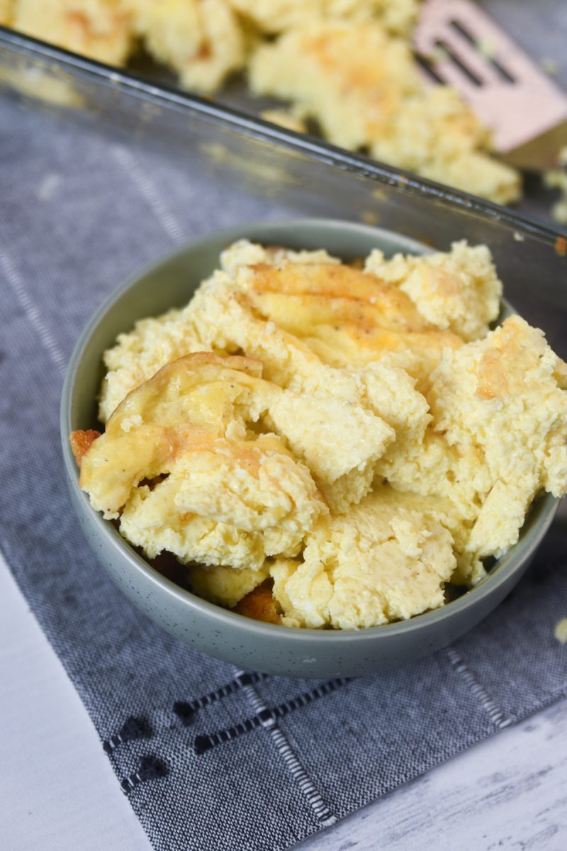 baked scrambled eggs in bowl 