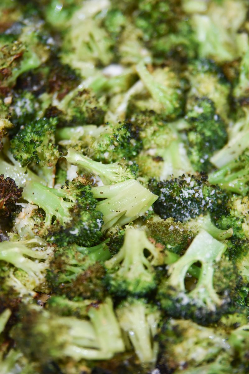 sheet pan of broccoli with parmesan