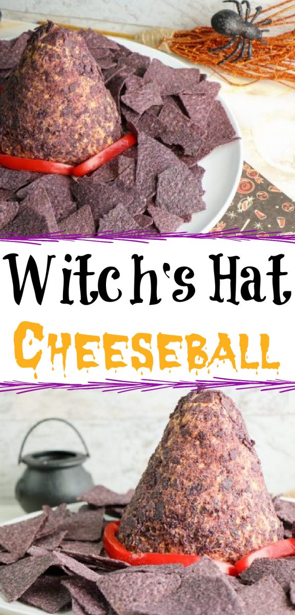 This is such a fun Halloween food idea that is great for the whole family! This homemade cheese ball in the shape of a witch hat will be the talk of your Halloween party! This Halloween cheese ball is so easy and delicious too! via @simplysidedishes89