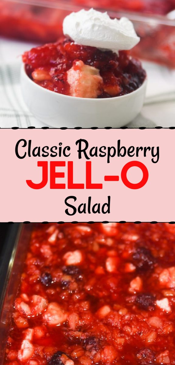 Raspberry Jello Salad is an amazing dessert or side dish that is so fruity and delicious. The combination of the frozen raspberries, crushed pineapples and mashed bananas create the best jello salad you'll ever have. via @simplysidedishes89