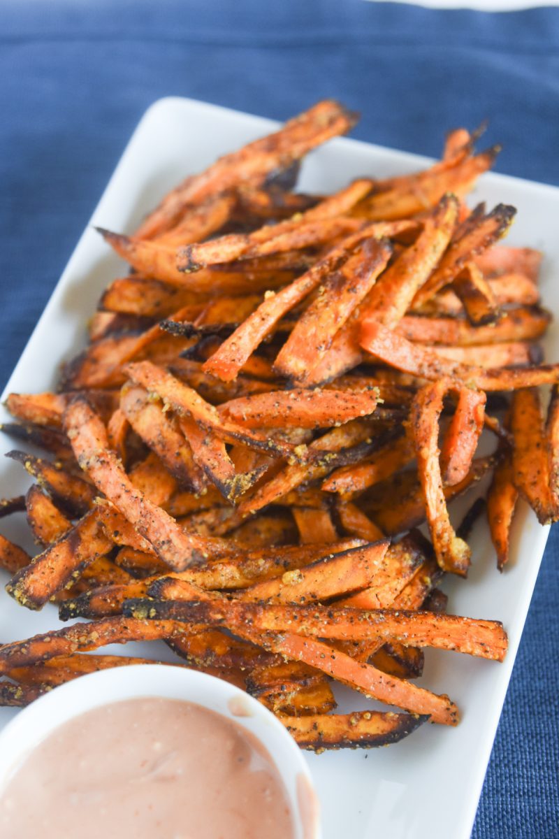 air fried sweet potato fries on a plate