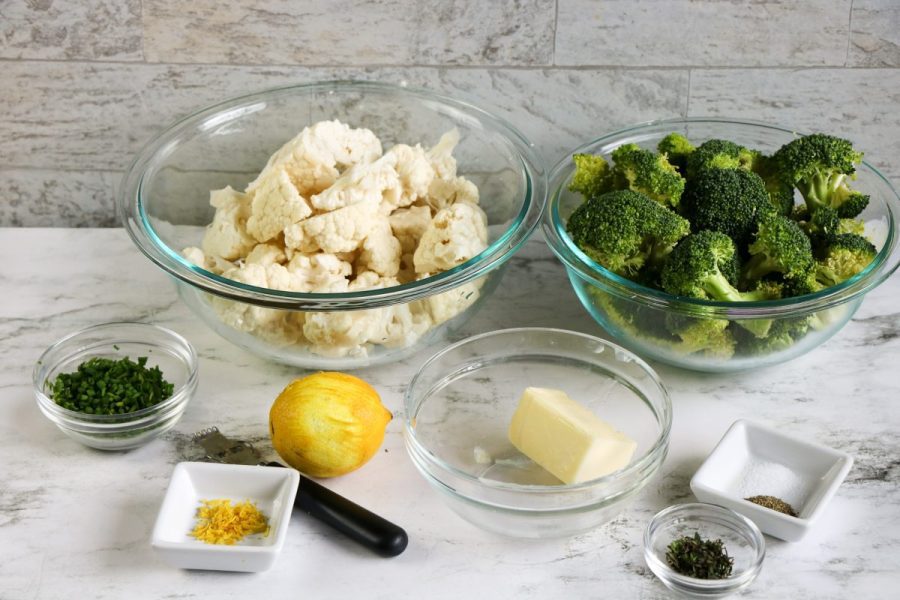 ingredients with herbed caulifower and broccoli