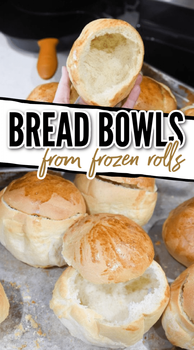This two-ingredient bread bowl recipe made from frozen roll dough is so simple to make, you'll wonder why you haven't been doing this your whole life. These are perfect for soup, spinach dips, and much more! via @simplysidedishes89