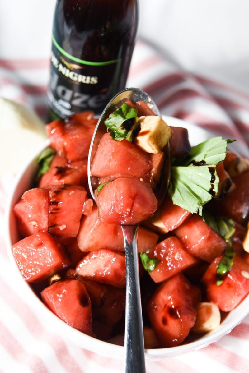 watermelon salad with basil in a bowl
