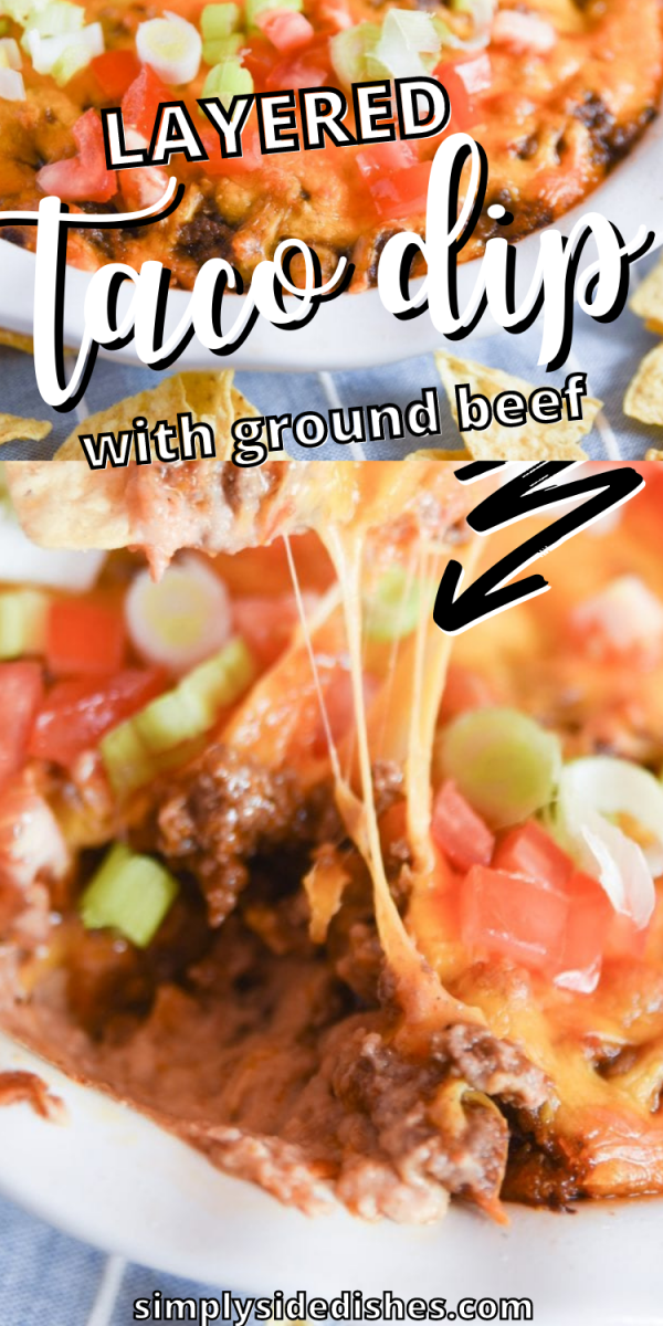 Cheesy taco dip with ground beef is a tasteful, rich, meaty, and wholesome dip that is a perfect condiment to go with tortilla chips, nachos, etc. It's a great way to mix up Taco Tuesday! You can serve this dip on parties, game days, and movie nights. It is tasteful, super easy to make, and will become an instant favorite. This dip is undoubtedly a crowd pleaser! via @simplysidedishes89