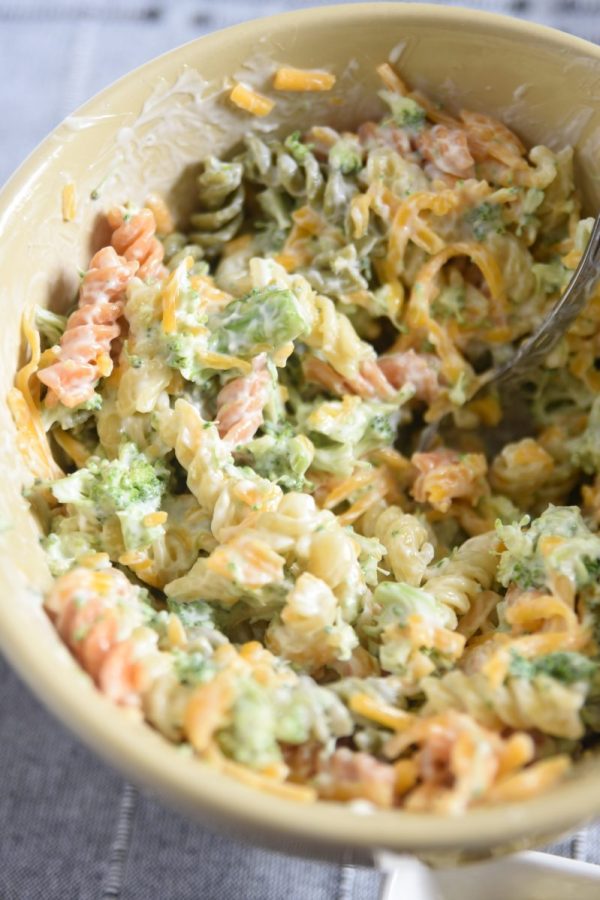 bowl of broccoli pasta salad