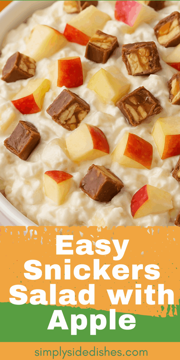 Snickers Apple Salad is a party and potluck must-have. The tart apples and sweet Snickers compliment each other perfectly in this easy-to-make Snickers and Apple Salad. via @simplysidedishes89