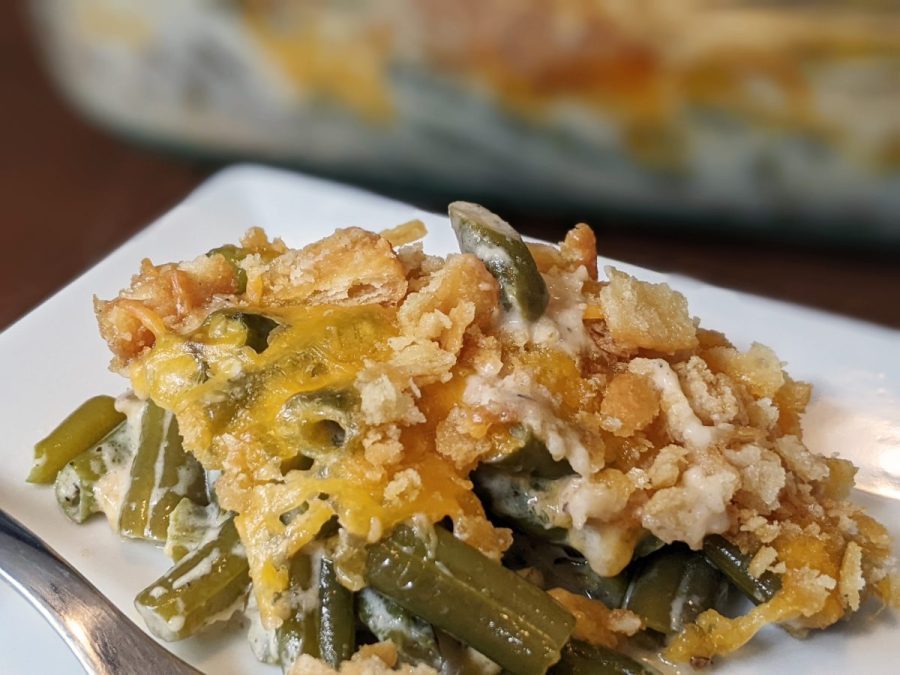 plate of green bean casserole with crispy topping