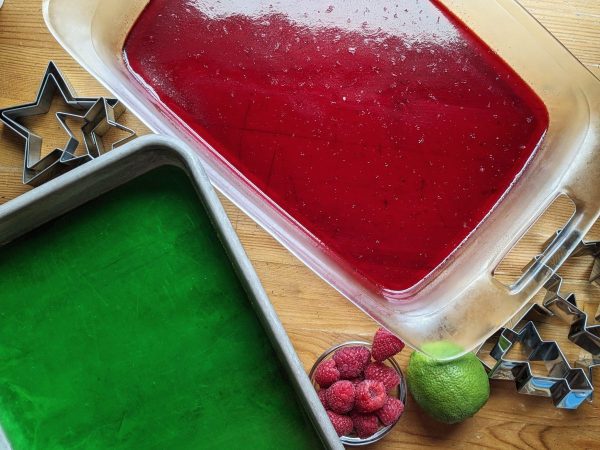 pans of red and green jello