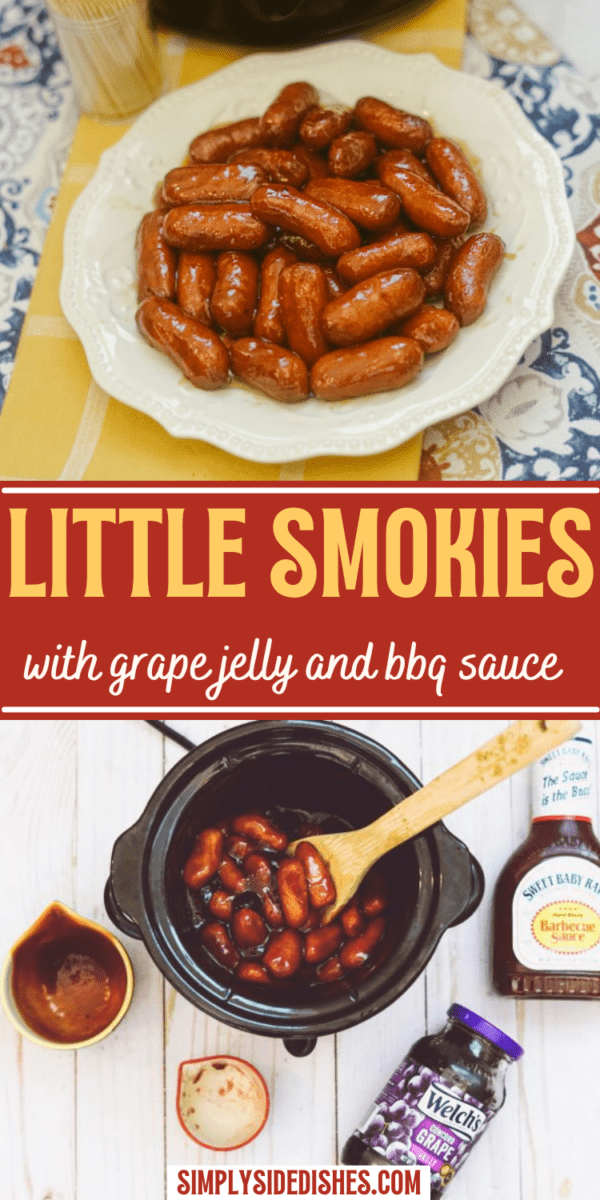 Crock pot Lil' smokies are one of the easiest recipes you can make - it's a great side dish or even main dish when paired with rice. This lil' smokies with grape jelly are sure to be the first item gone at your next potluck! #lilsmokies #crockpot #crockpotsidedish #crockpotappetizer via @simplysidedishes89